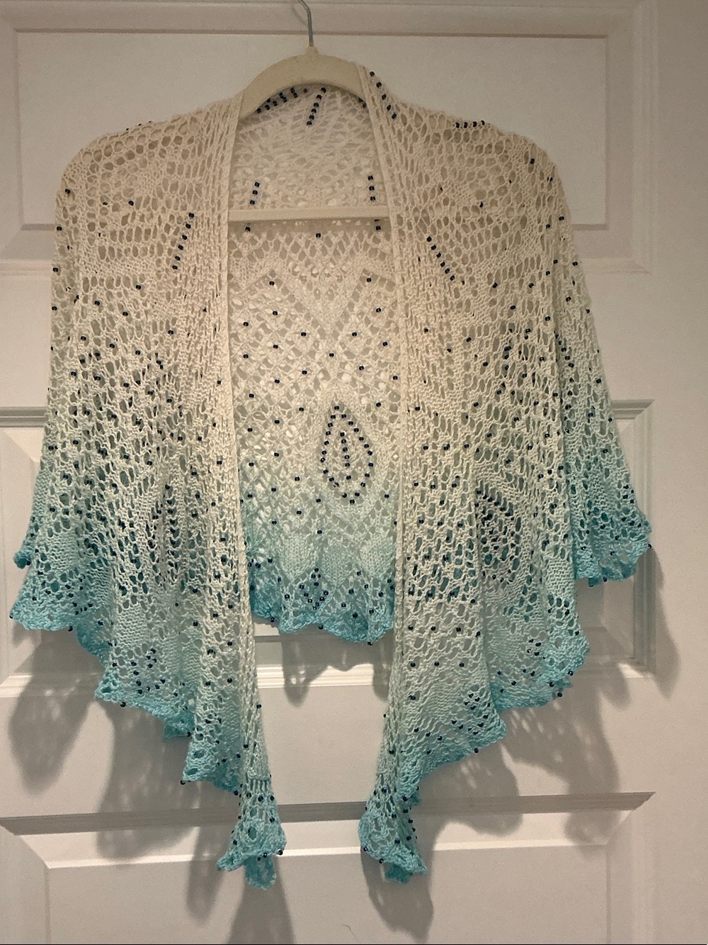 Crochet-like Knitted Lace Drape Scarf/Shrug in White & Blue